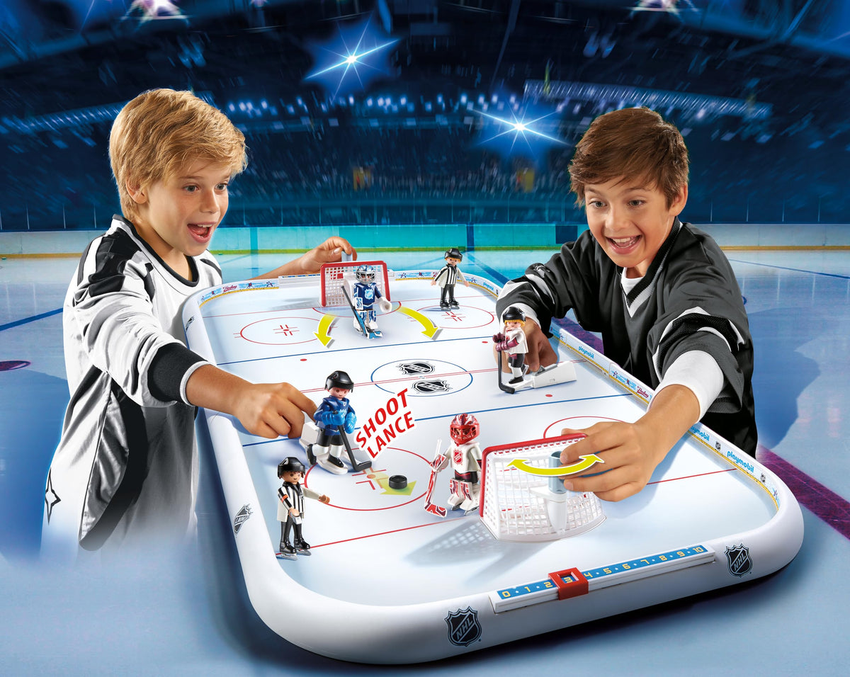Playmobil NHL Hockey Arena goalie maneuver enables dynamic defense and dramatic blocks.
