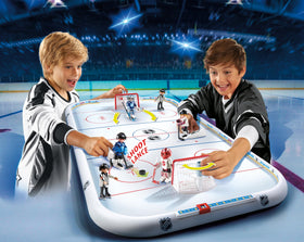 Playmobil NHL Hockey Arena goalie maneuver enables dynamic defense and dramatic blocks.