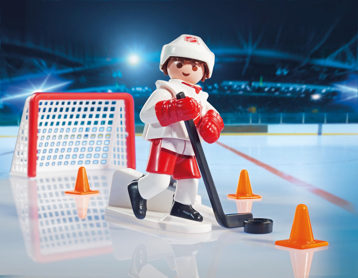 Playmobil NHL Shootout figures two players and a goalie ready for action.