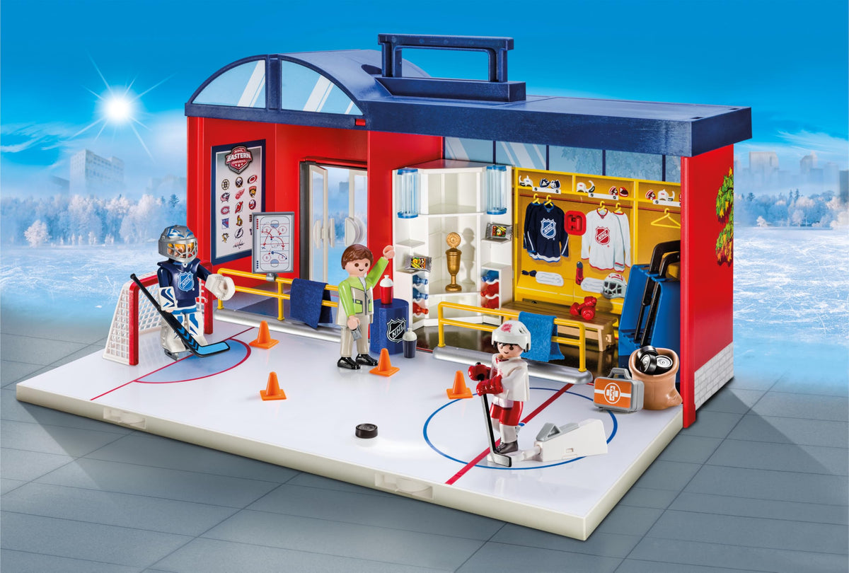 Playmobil NHL Take Along Arena folding ice rink ready for on-the-go play.