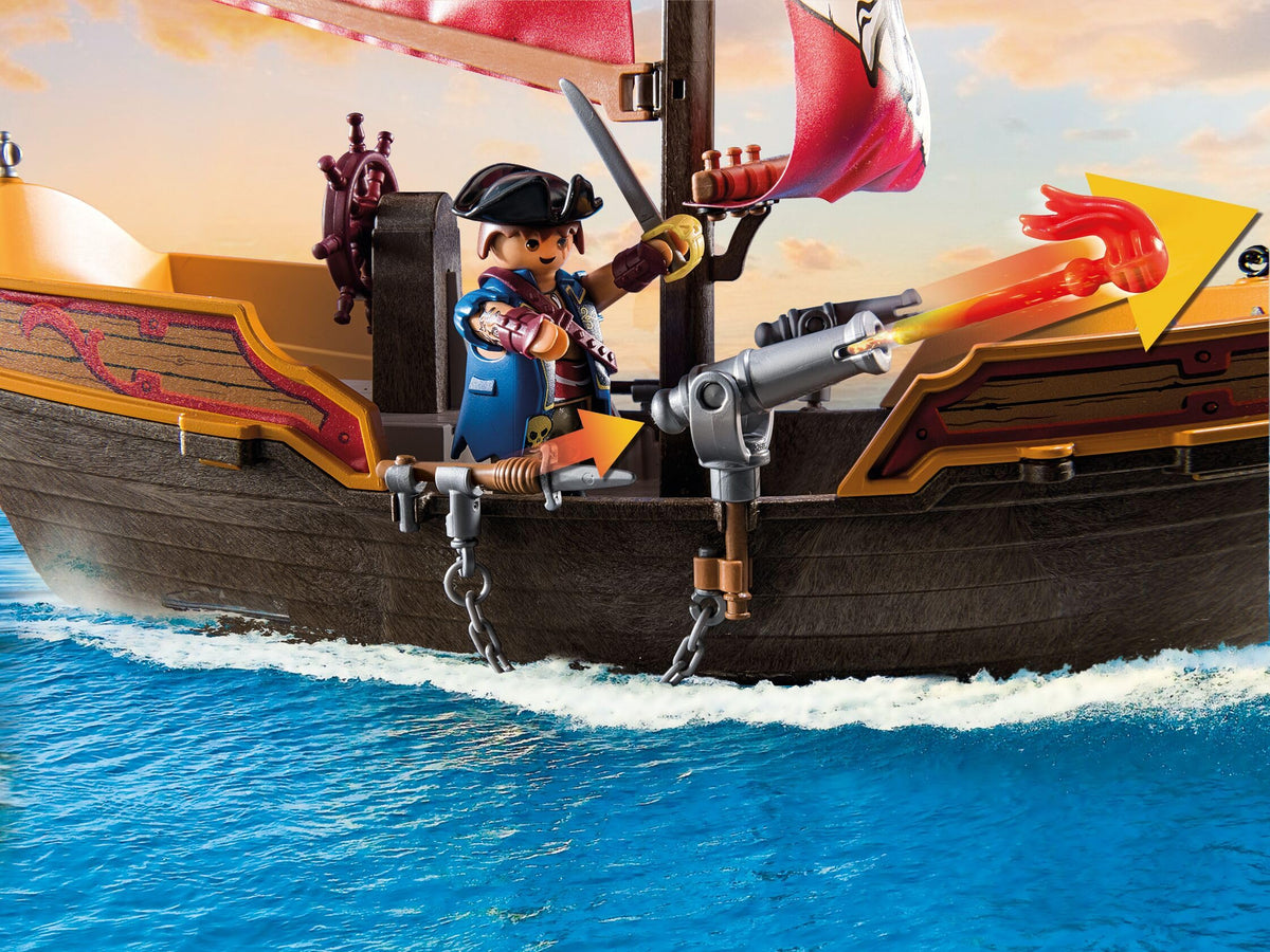 Playmobil pirate ship sails catching wind for dynamic play.