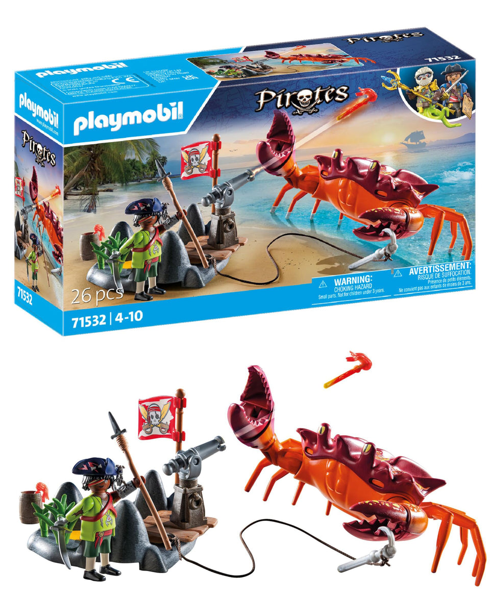 Playmobil Pirates battle giant crab with rotating cannon in action scene.