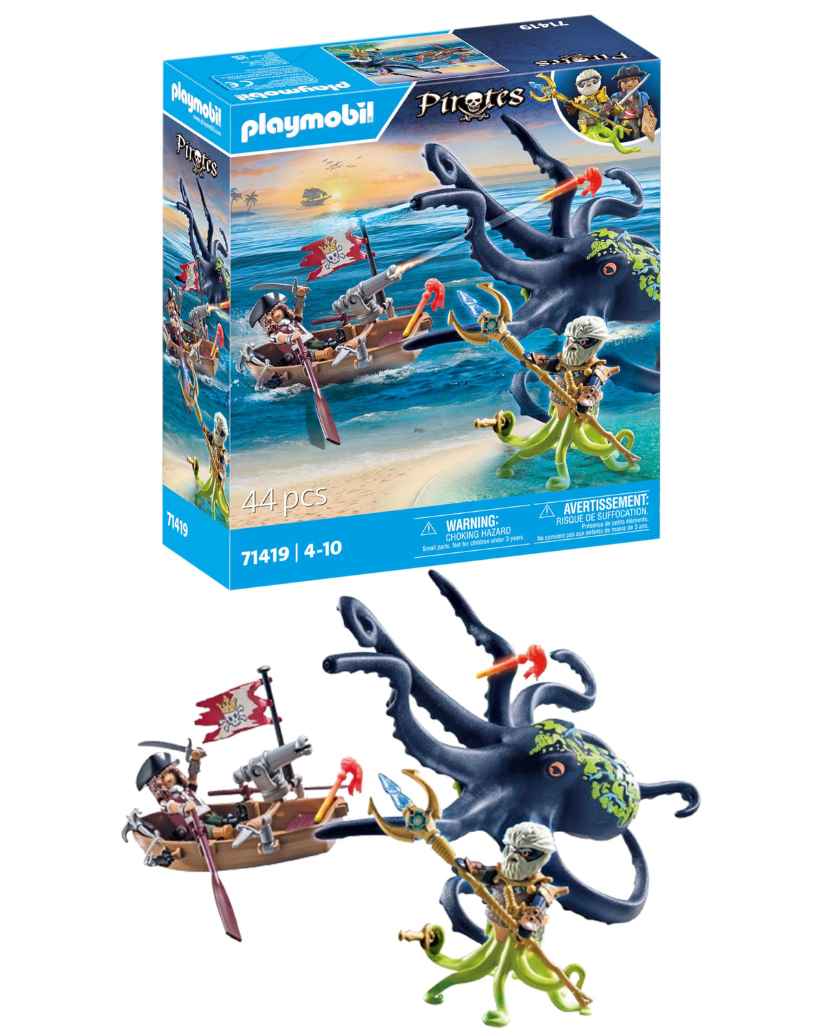 Playmobil Pirates battle the giant octopus figures for an imaginative ocean clash.