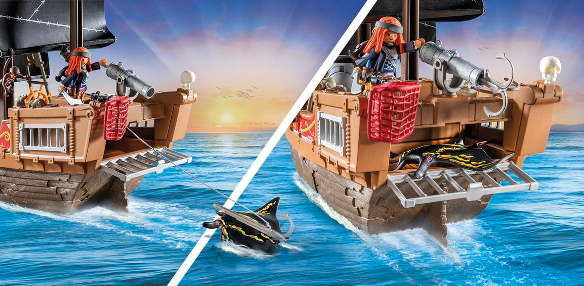 Playmobil Pirates Large Pirate Ship includes anchor and fish for authentic play.