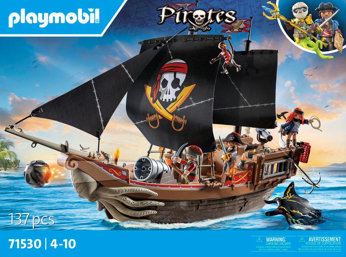 Playmobil Pirates Large Pirate Ship includes three figures for quick setup.