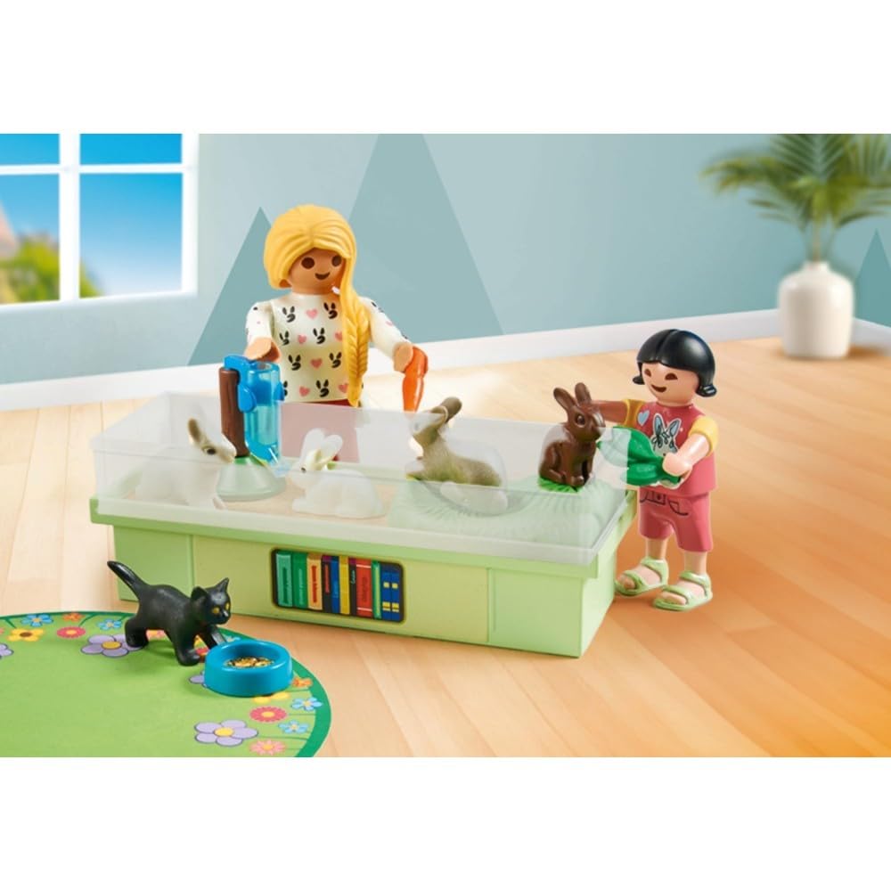 Playmobil Rabbit Family accessories illustrate feeding scenes and nurturing interactions.