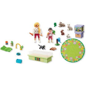 Playmobil Rabbit Family classroom rug setup encourages storytelling and cooperative play.