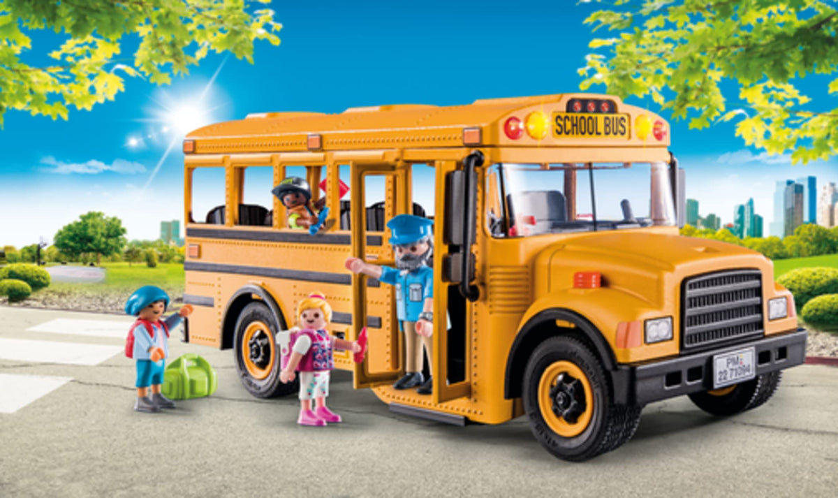 Playmobil School Bus stop sign extended for authentic on road action.