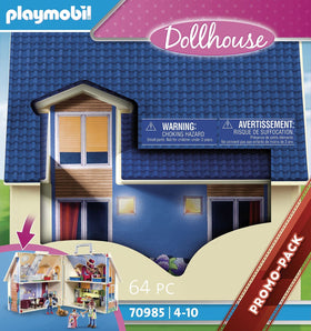 Fully equipped Playmobil dollhouse kitchen with pots, pans, and pretend food.