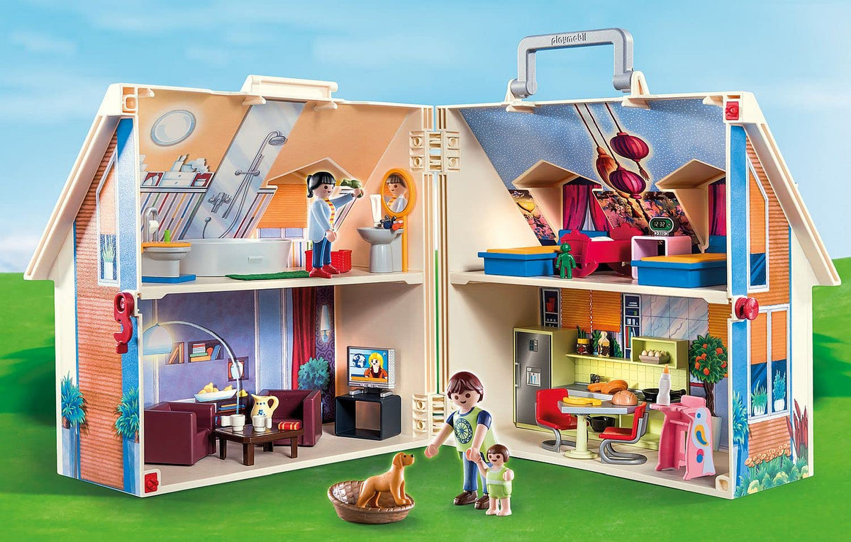 Open two-storey Playmobil Take Along Dollhouse showing four rooms for imaginative play.