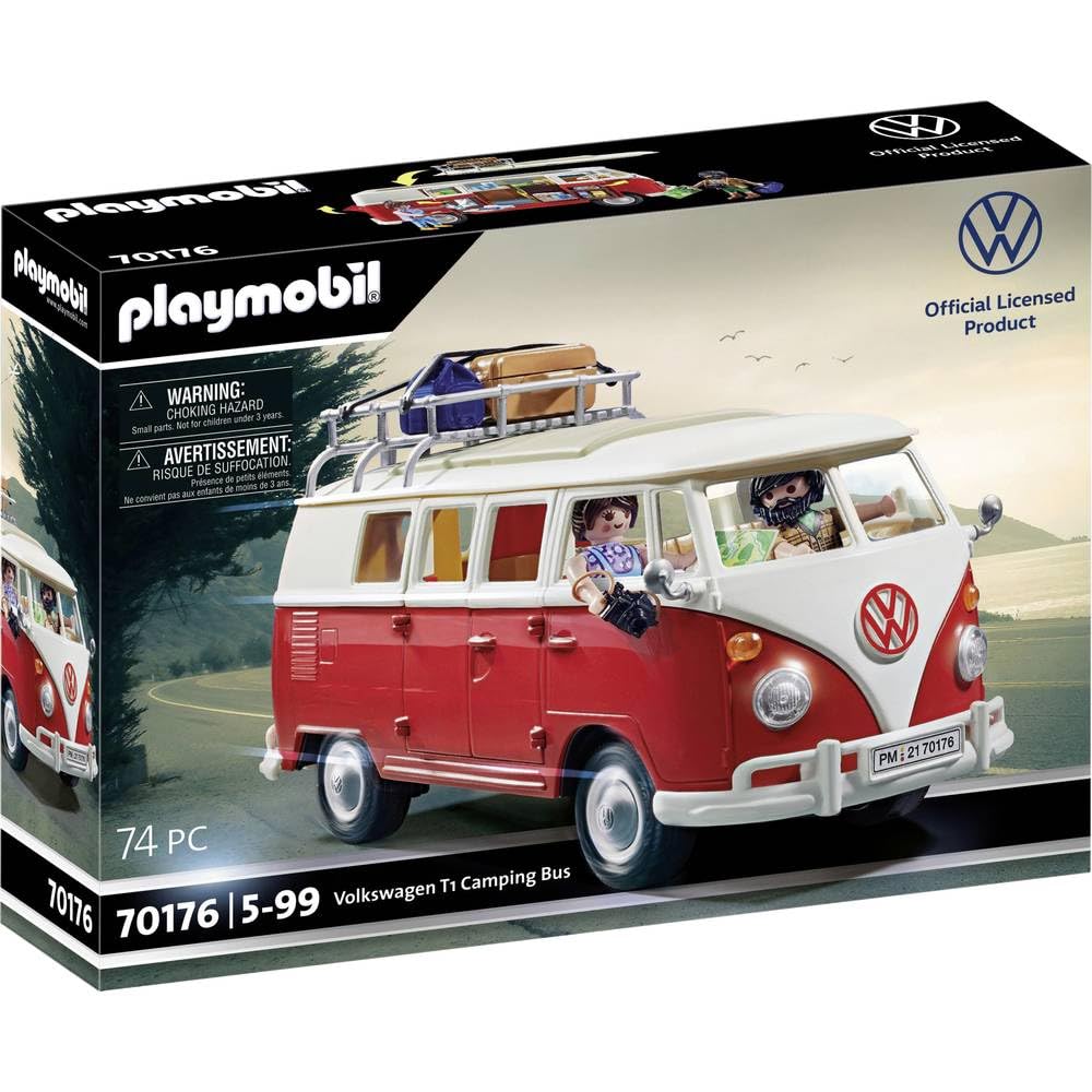 Playmobil Volkswagen T1 Camping Bus with removable roof for interior play and realistic camping scenes.