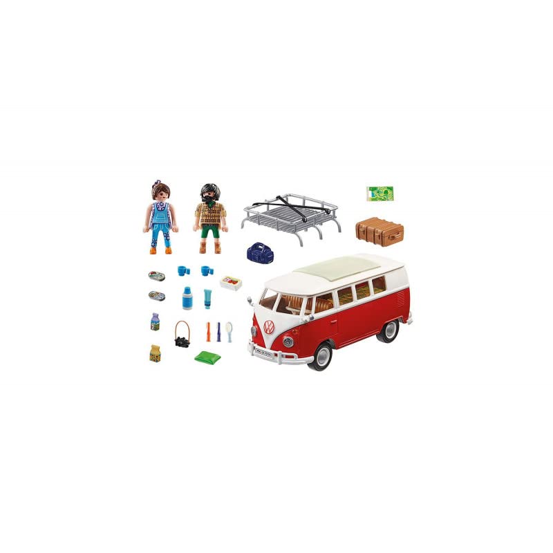 Playmobil Volkswagen T1 Camping Bus side doors open to reveal shelves for food and gear.