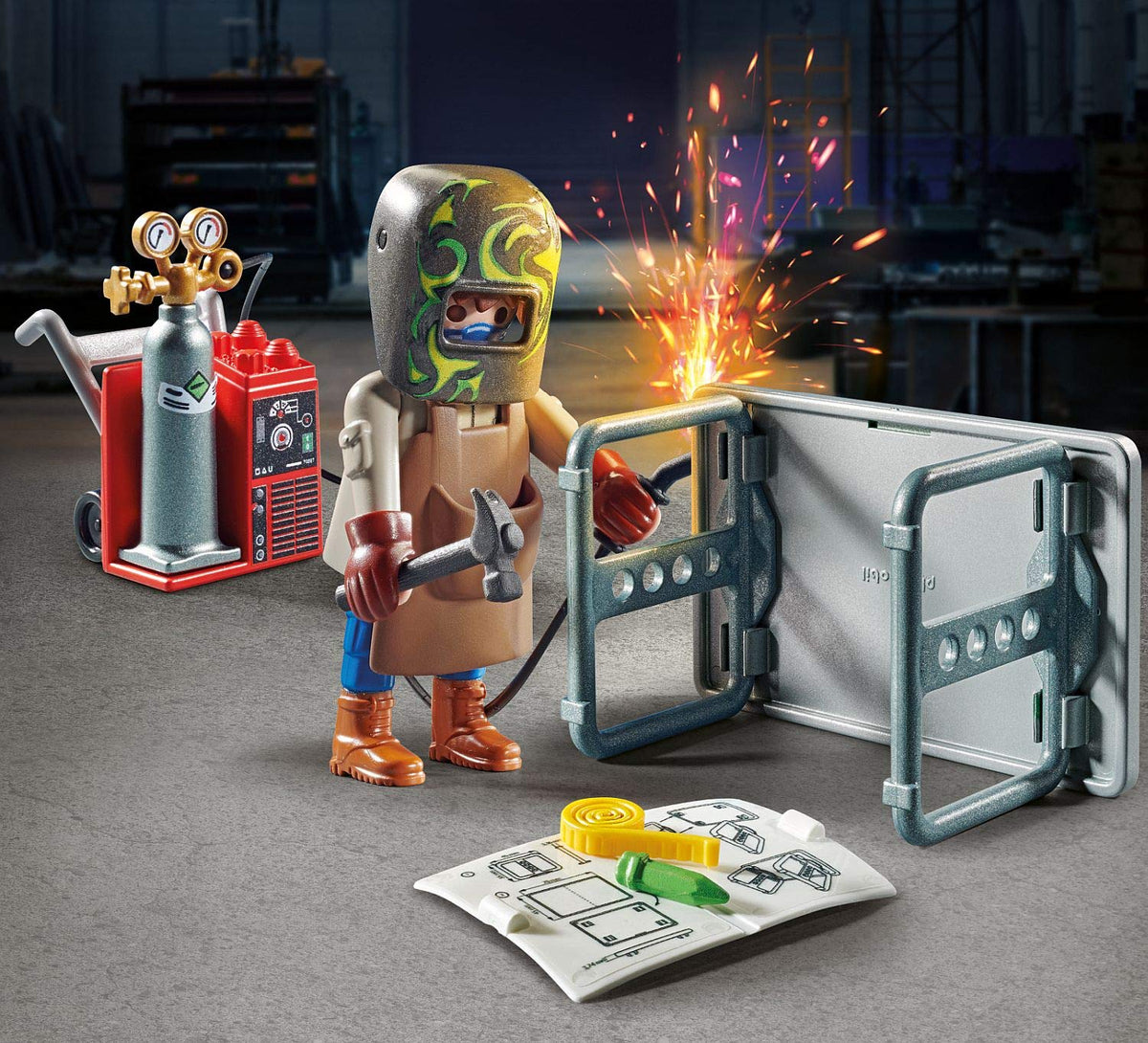 Playmobil welding machine and tools for realistic workshop scenes.