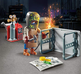 Playmobil welding machine and tools for realistic workshop scenes.