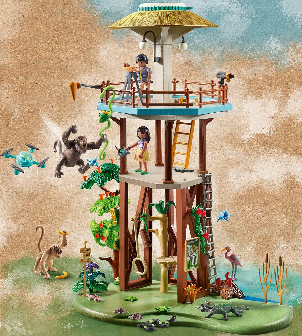 Playmobil Wiltopia Research Tower rotating platform enables 360-degree jungle panorama.