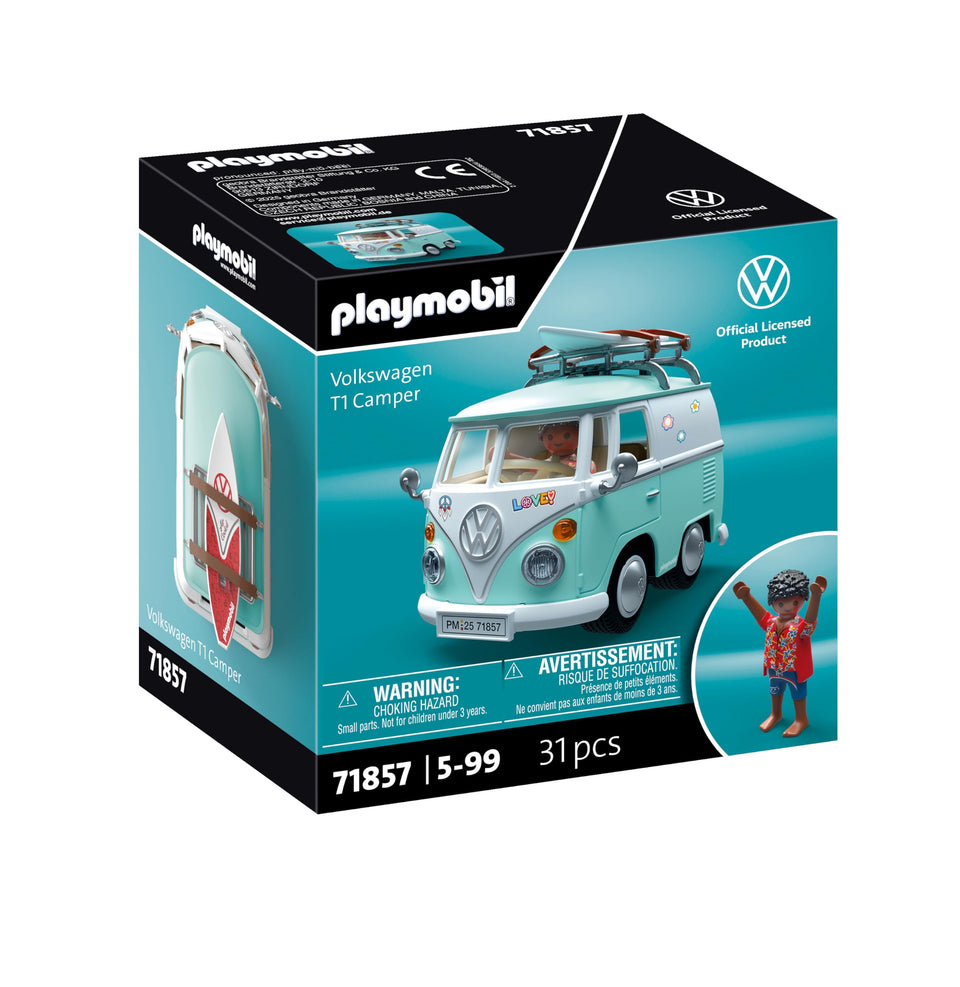 Playmobil Volkswagen T1 Camper front view shows retro charm and imaginative play appeal.