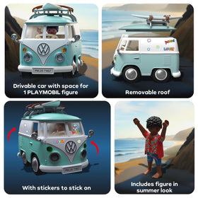Playmobil Volkswagen T1 Camper side-detail highlights two-tone paint and authentic styling.