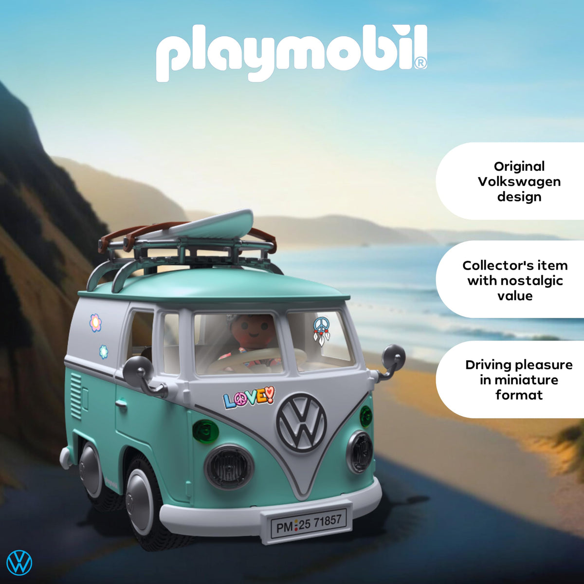 Playmobil Volkswagen T1 Camper surfboard feature adds seaside adventure vibes.