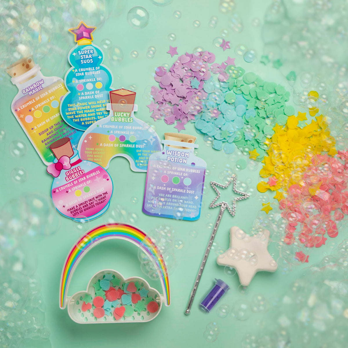 Potion recipes float in water during PlayMonster Bubble Bath Potion play