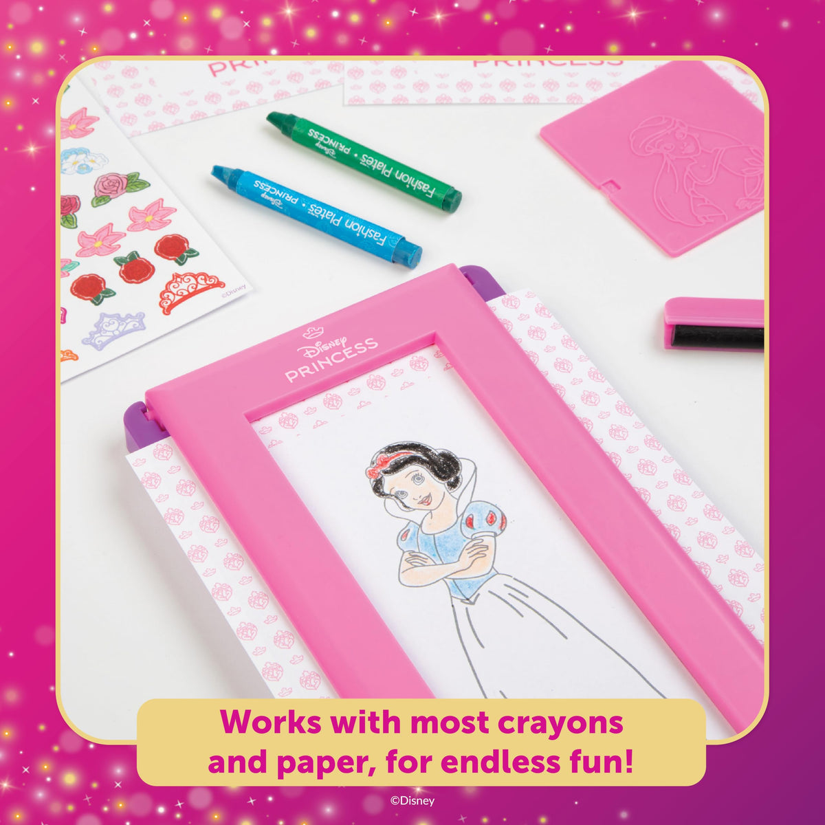 PlayMonster Disney Princess Fashion Plates coloring crayons for finishing touches with vibrant colors.