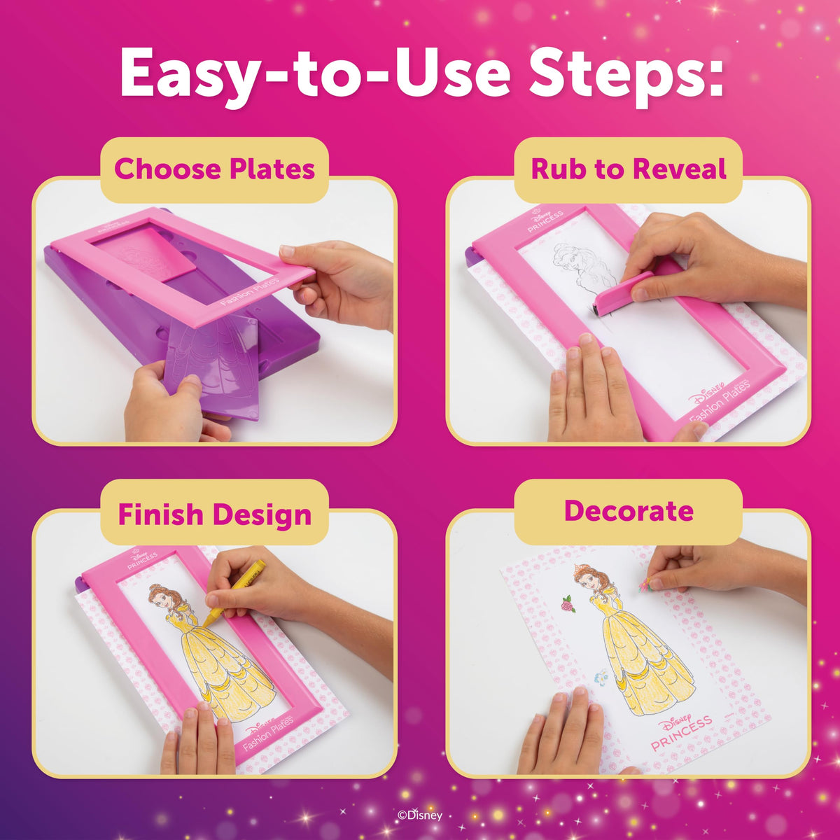 PlayMonster Disney Princess Fashion Plates plates set featuring six princess designs for mix-and-match fun.