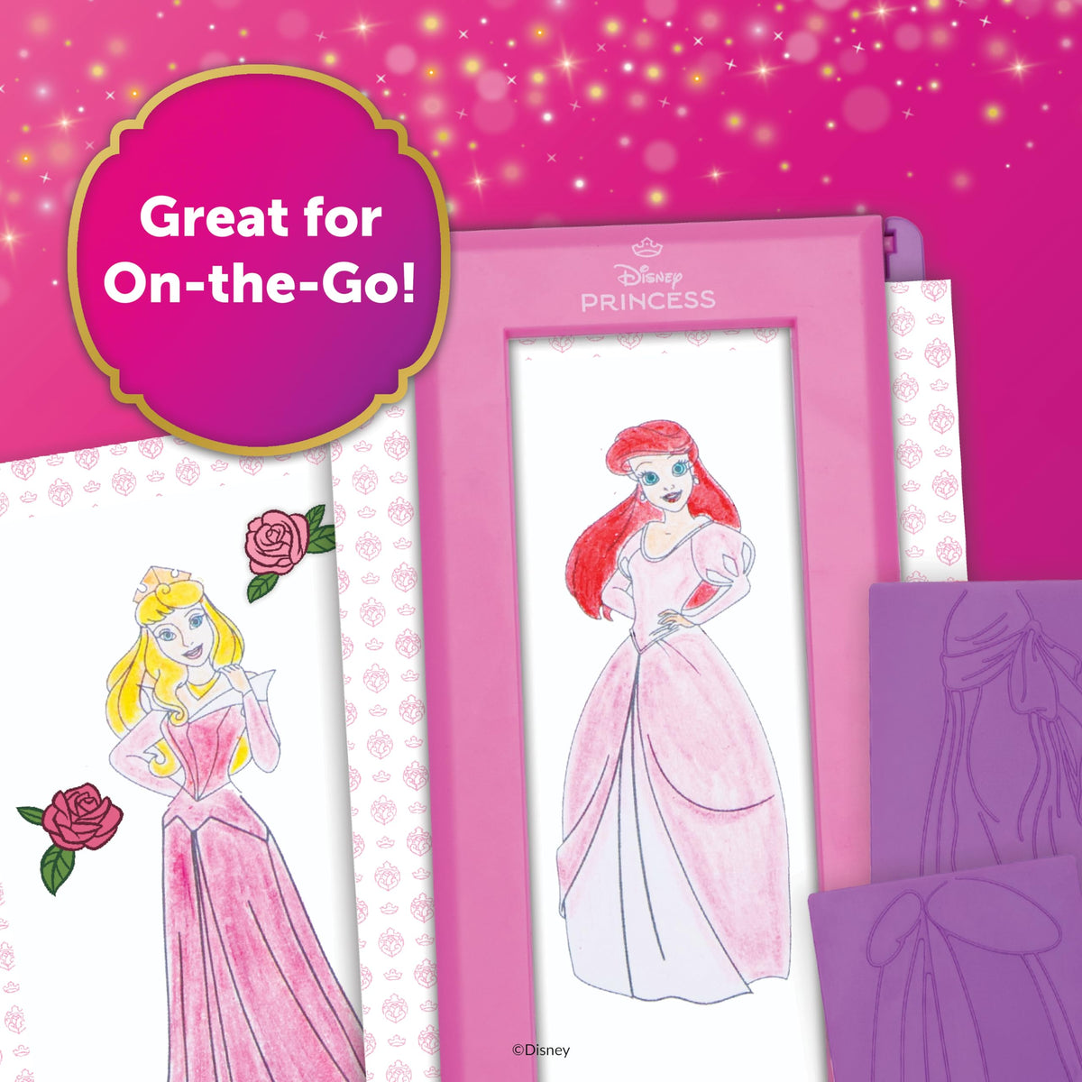 PlayMonster Disney Princess Fashion Plates rubbing crayons highlight easy transfer of designs.