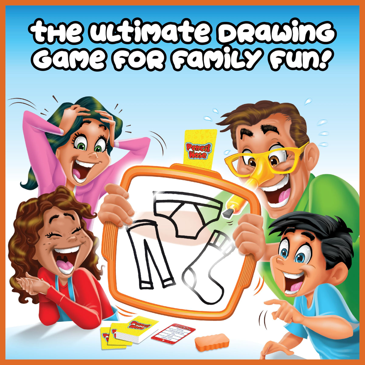 PlayMonster Pencil Nose board shows nose drawing on a clear screen for playful challenges