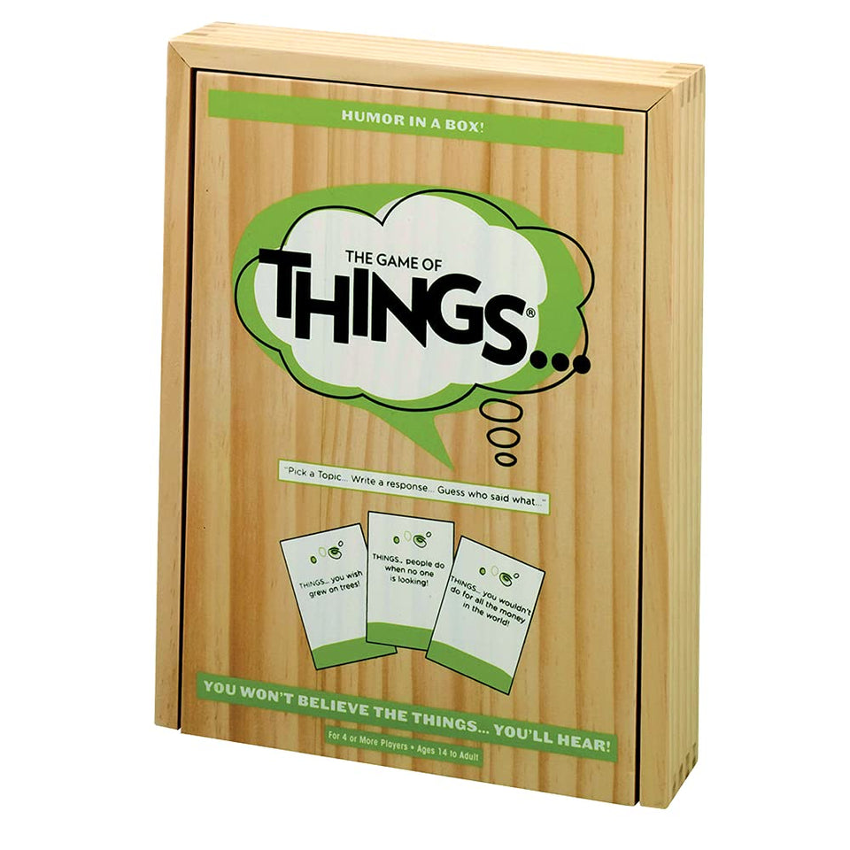PlayMonster Game of THINGS topic cards spark witty prompts for laughs.
