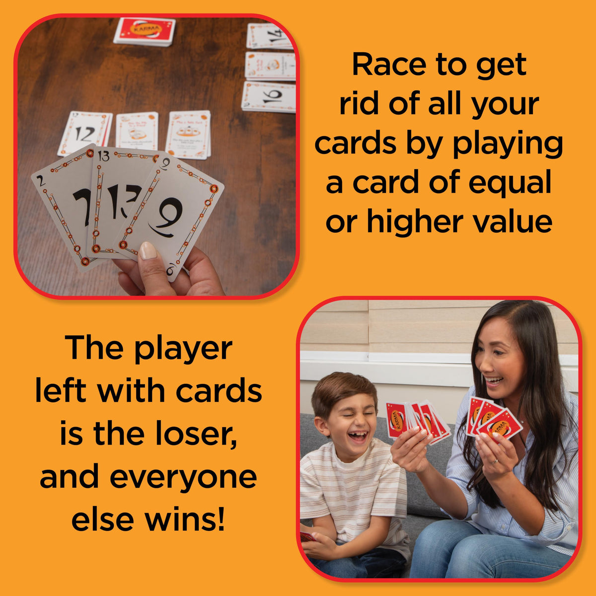 PlayMonster Karma cards spread on table during game play.