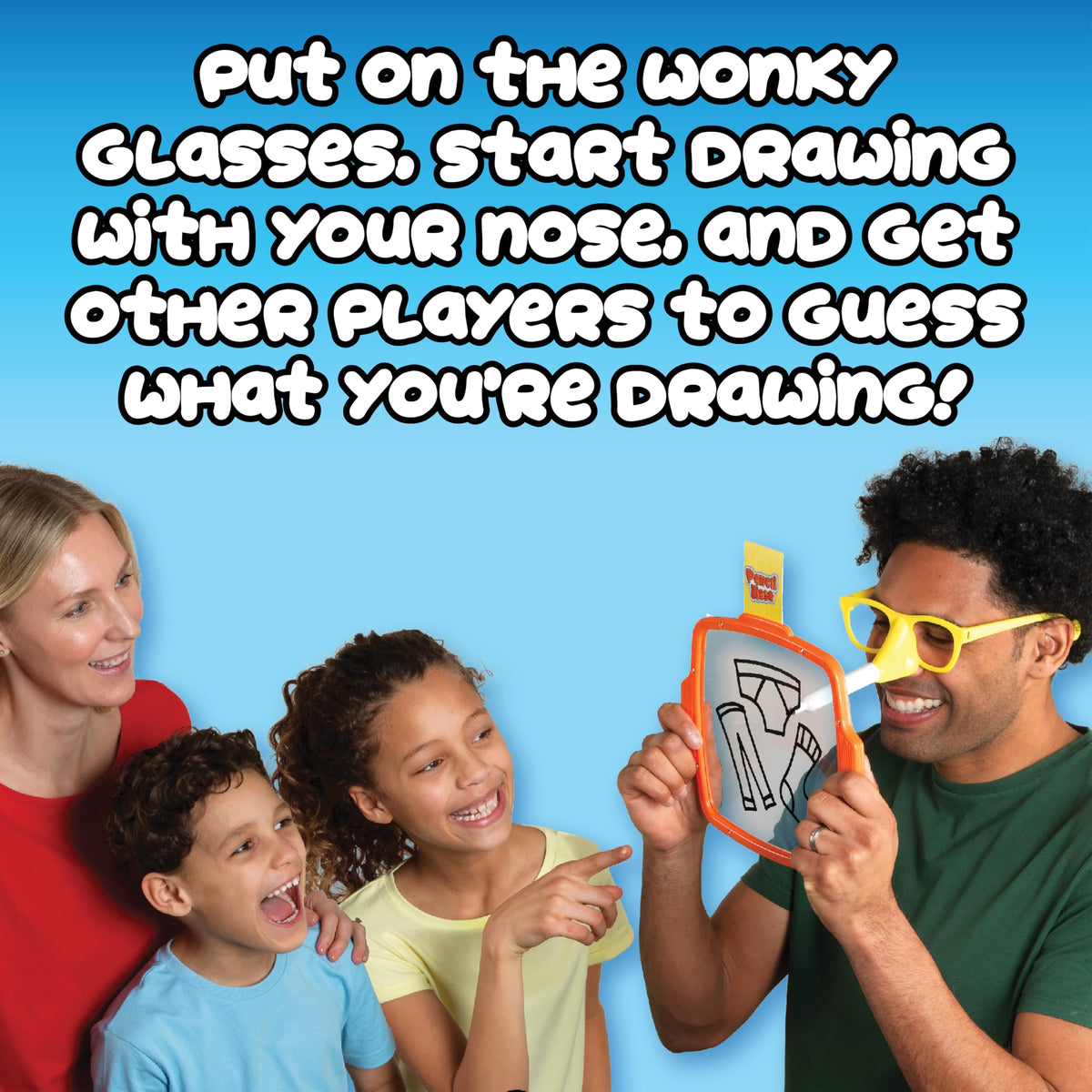 PlayMonster Pencil Nose during play with glasses for goofy nose drawing moments