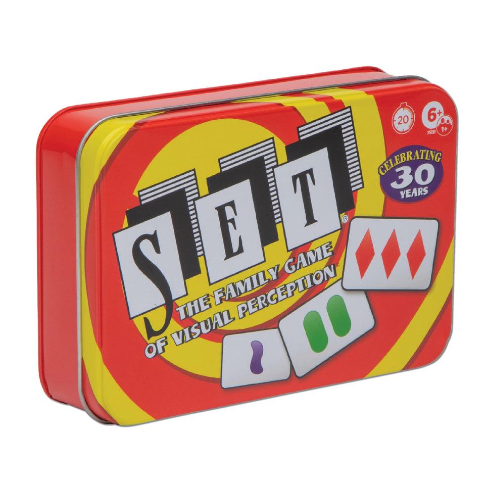 PlayMonster Set Collectors Tin shown with cards ready for quick pattern spotting.