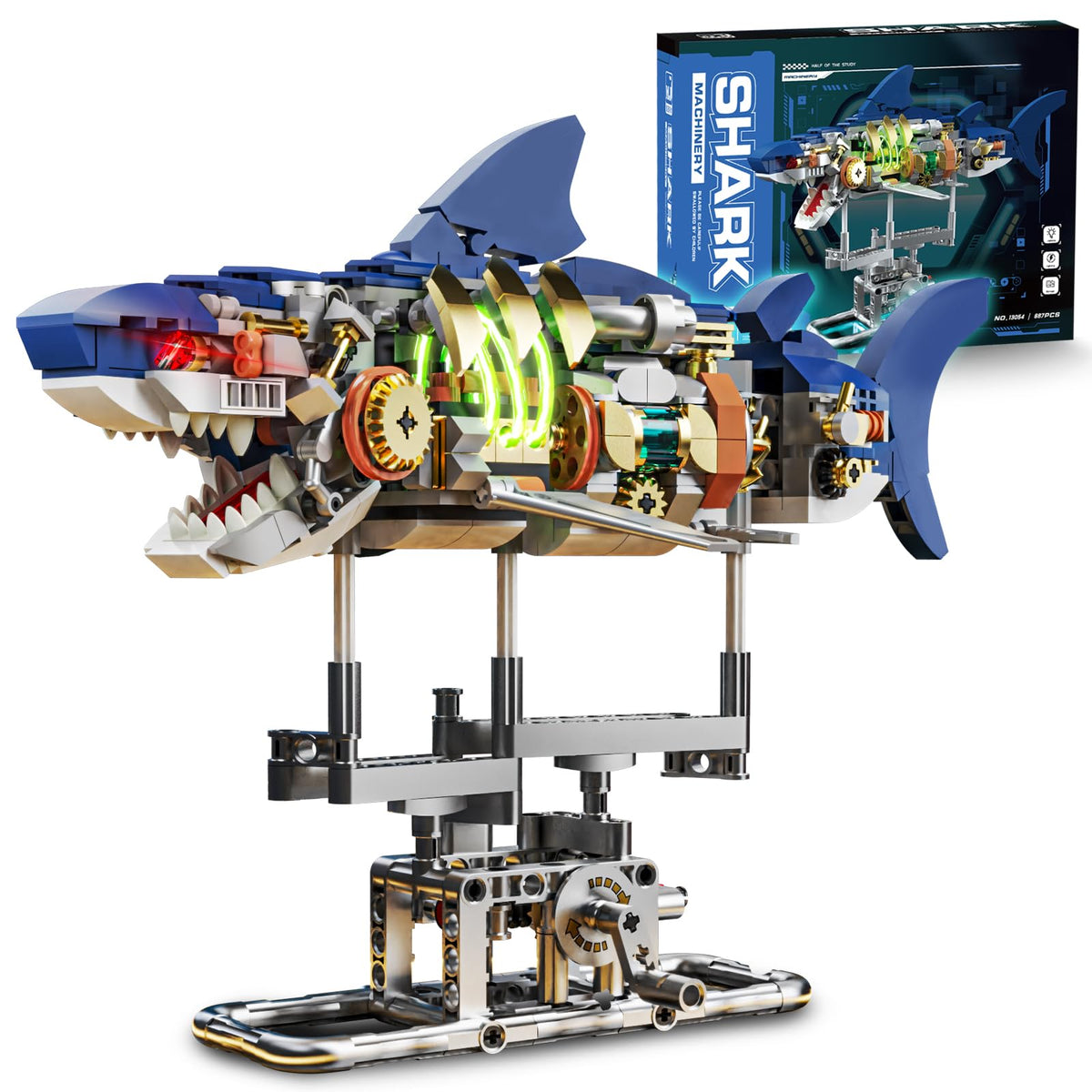 Playneno mechanical shark model shows lifelike pose and intricate parts for curious builders