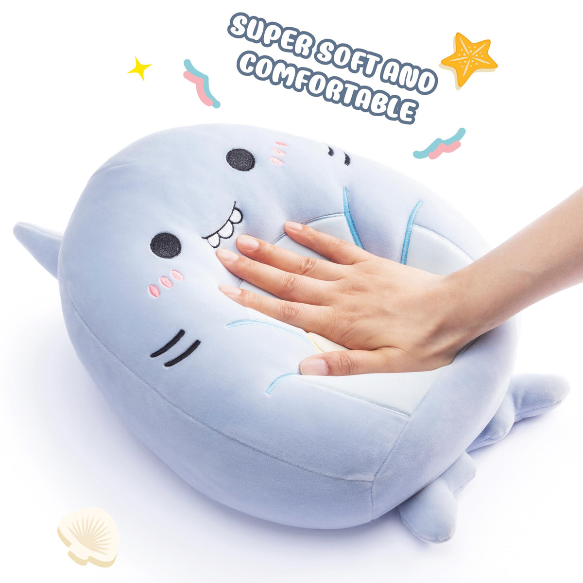 PLAYNICS shark toy doubles as a decorative accent on beds and couches.