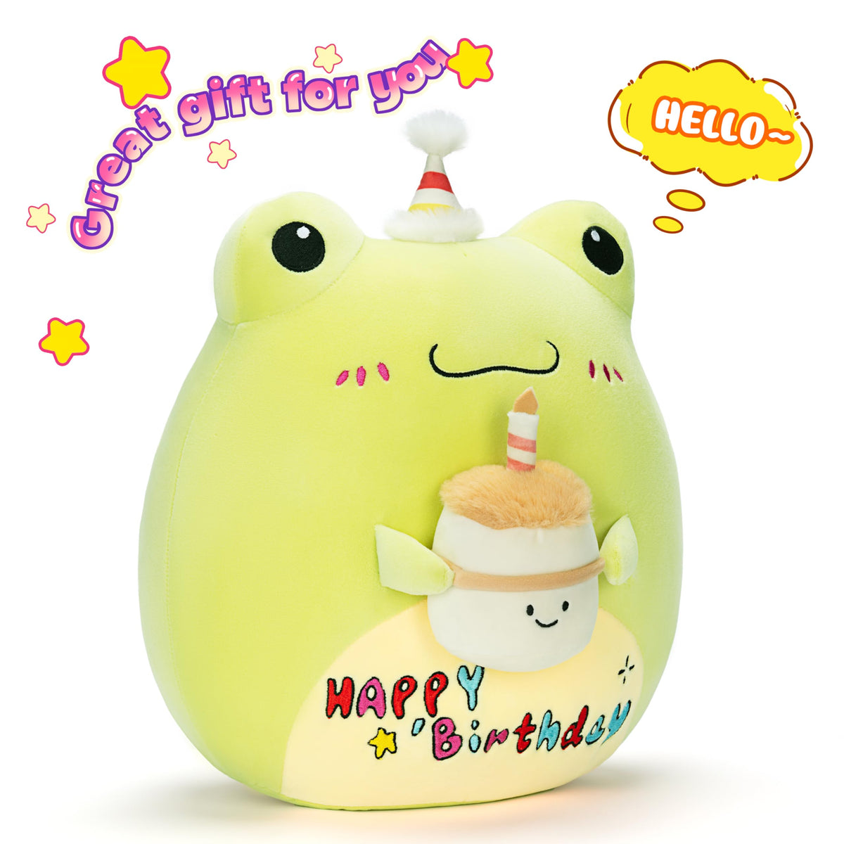 PlayNics Original 14-inch Happy Birthday Frog cuddling on bed, storytime companion.
