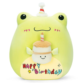 PlayNics Original 14-inch Happy Birthday Frog pillow front view, cozy hugs.
