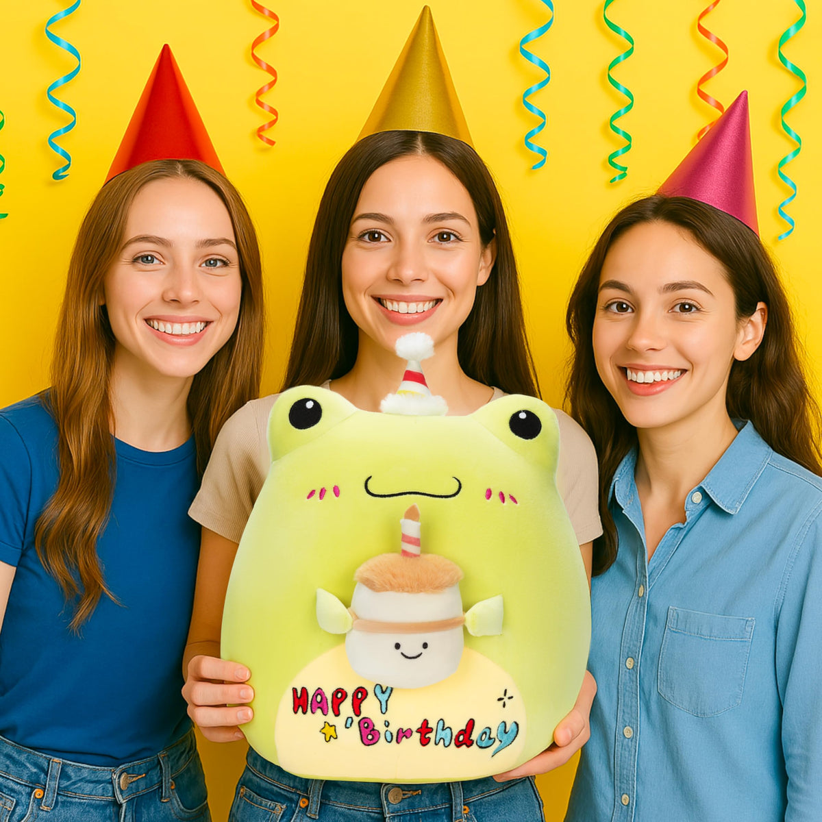 PlayNics Original 14-inch Happy Birthday Frog pillow side view, decorative cushion appeal.