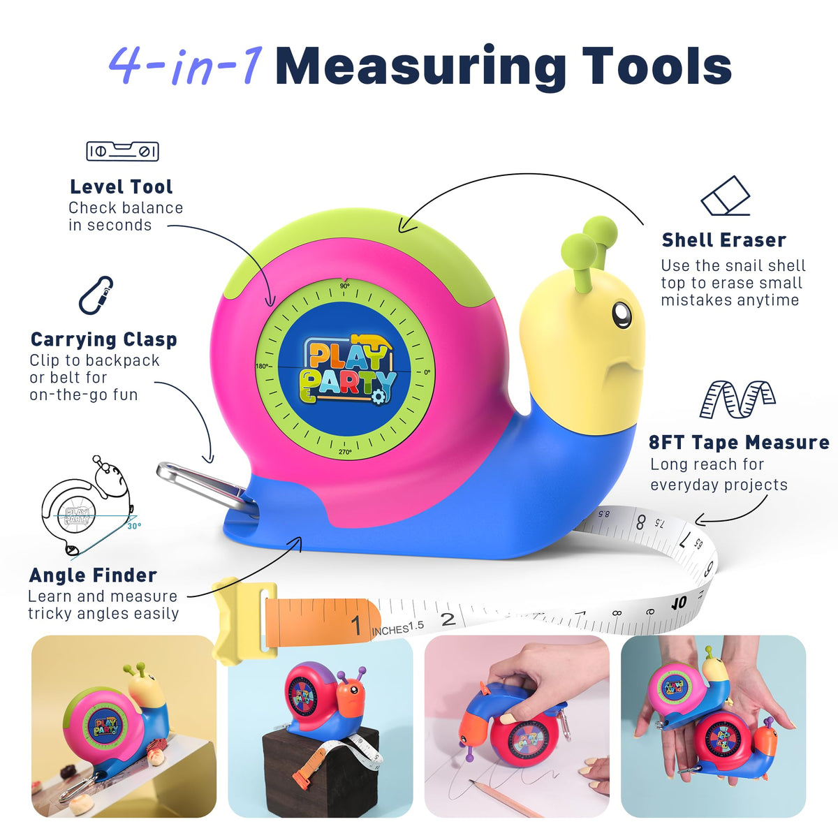 PLAYPARTY snail-shaped tape measure with level for quick surface checks.