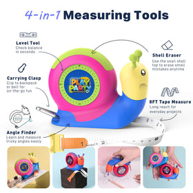 PLAYPARTY snail-shaped tape measure with level for quick surface checks.