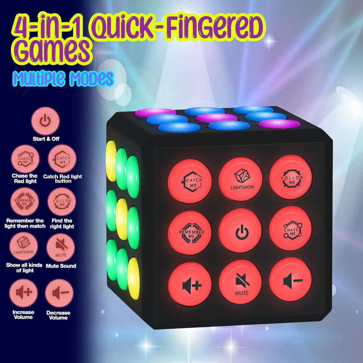 PlayRoute light-up cube with LED buttons for tactile, quick-response play.