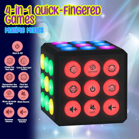 PlayRoute light-up cube with LED buttons for tactile, quick-response play.