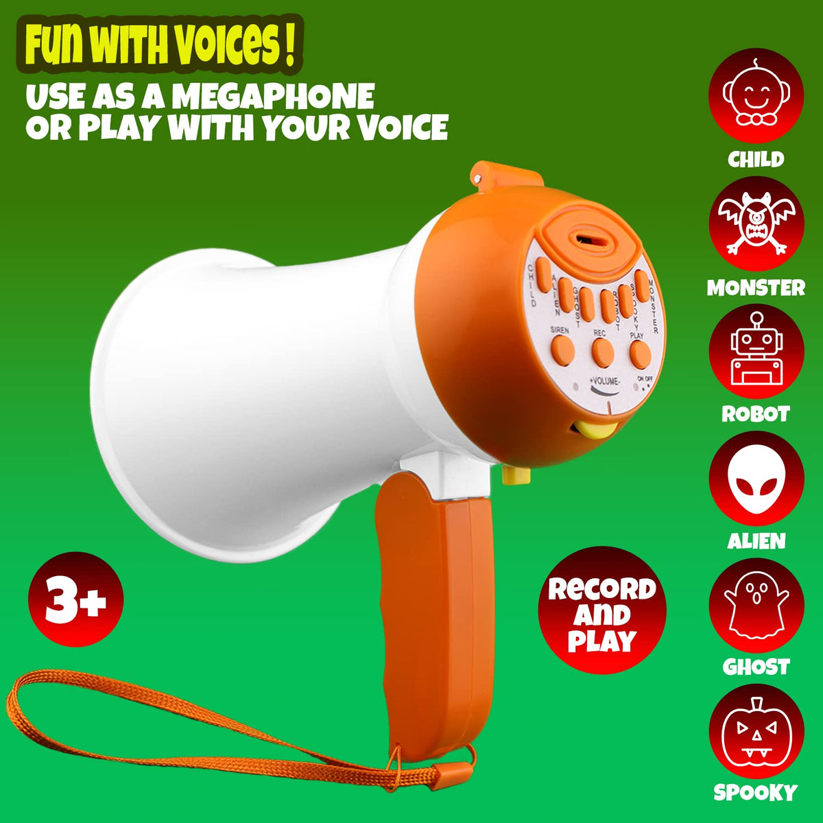 PlayRoute Kids Megaphone voice changer modes showcase six playful effects for pretend play.
