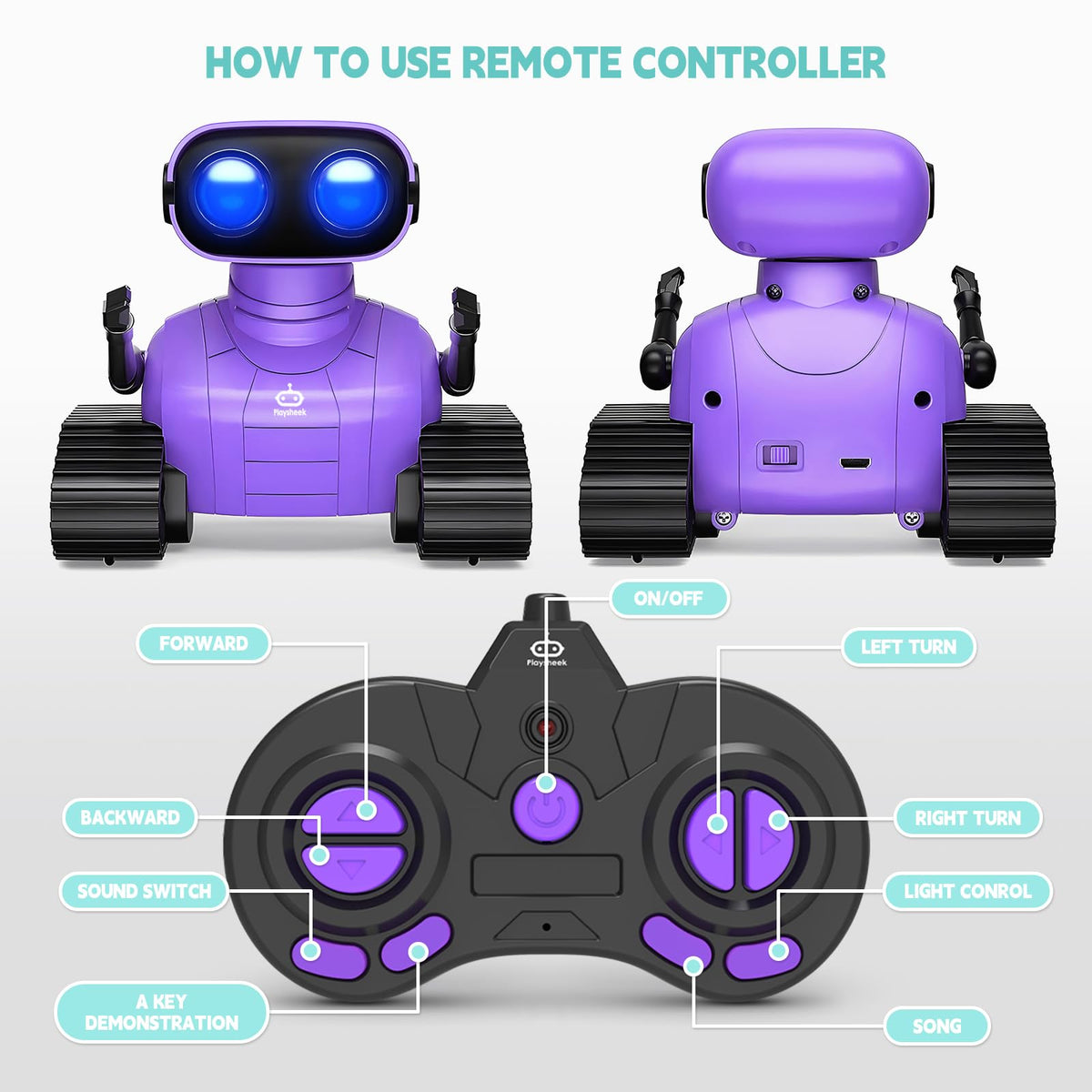 PlaySheek Emo Robot includes remote, USB cable, screwdriver, and manual for setup.