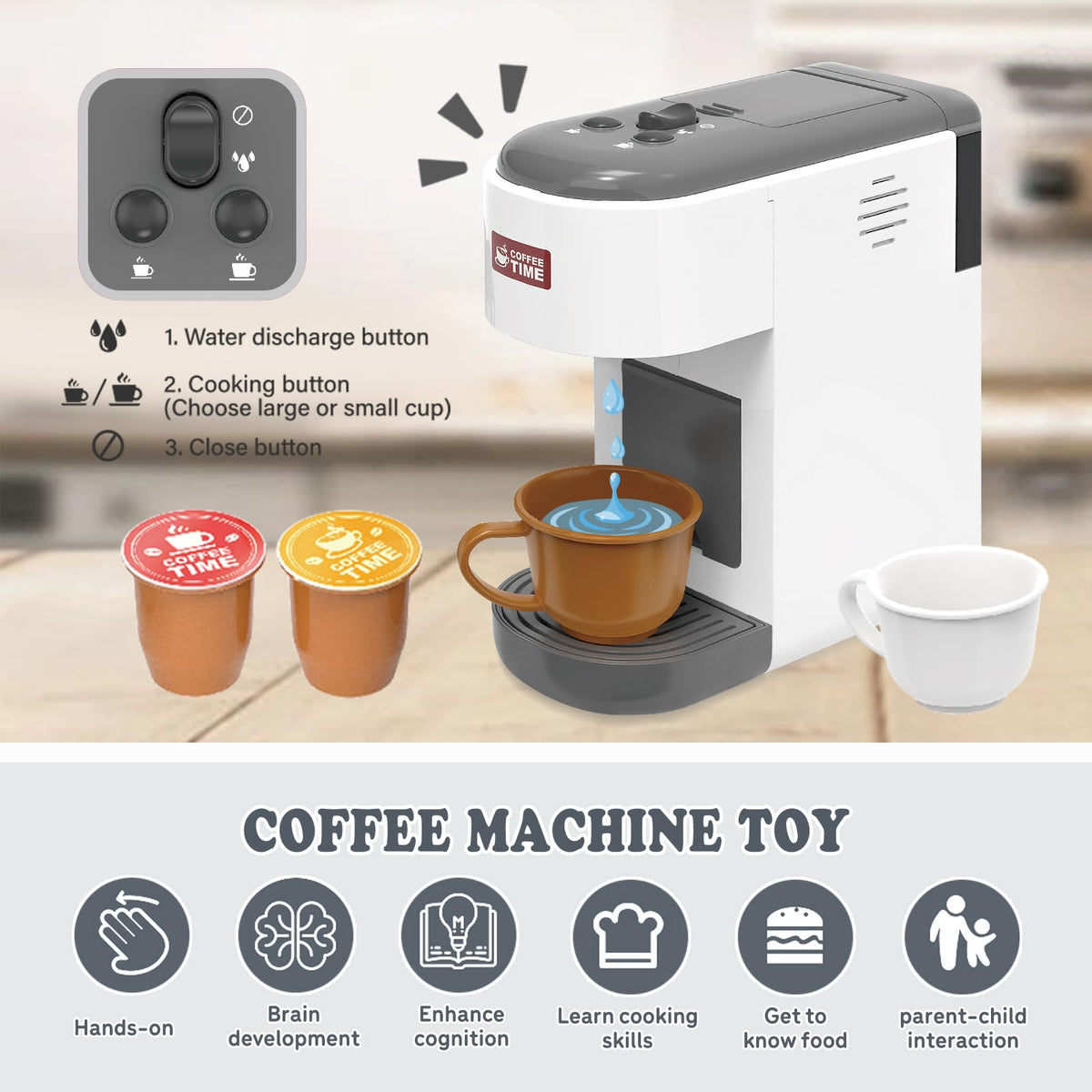 Playssnior Bojia coffee machine toy moving parts enhance hands-on play and motor skills.