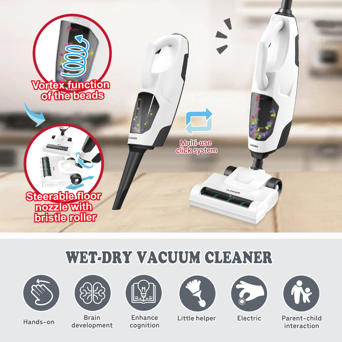 Playssnior Bojia cordless vacuum toy demonstrates real suction for authentic pretend cleaning