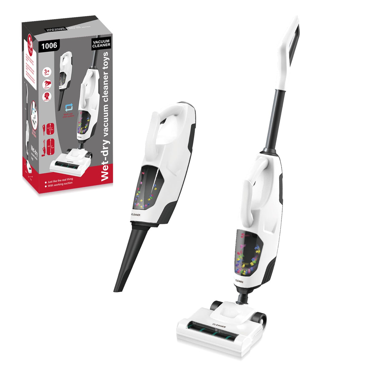 Playssnior Bojia kids vacuum toy showing 2-in-1 blowing and sweeping for imaginative play