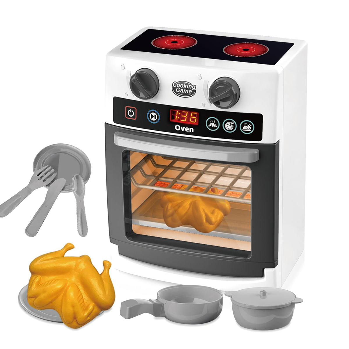 Playssnior Bojia toy oven front view for toddlers, sparks imaginative kitchen play