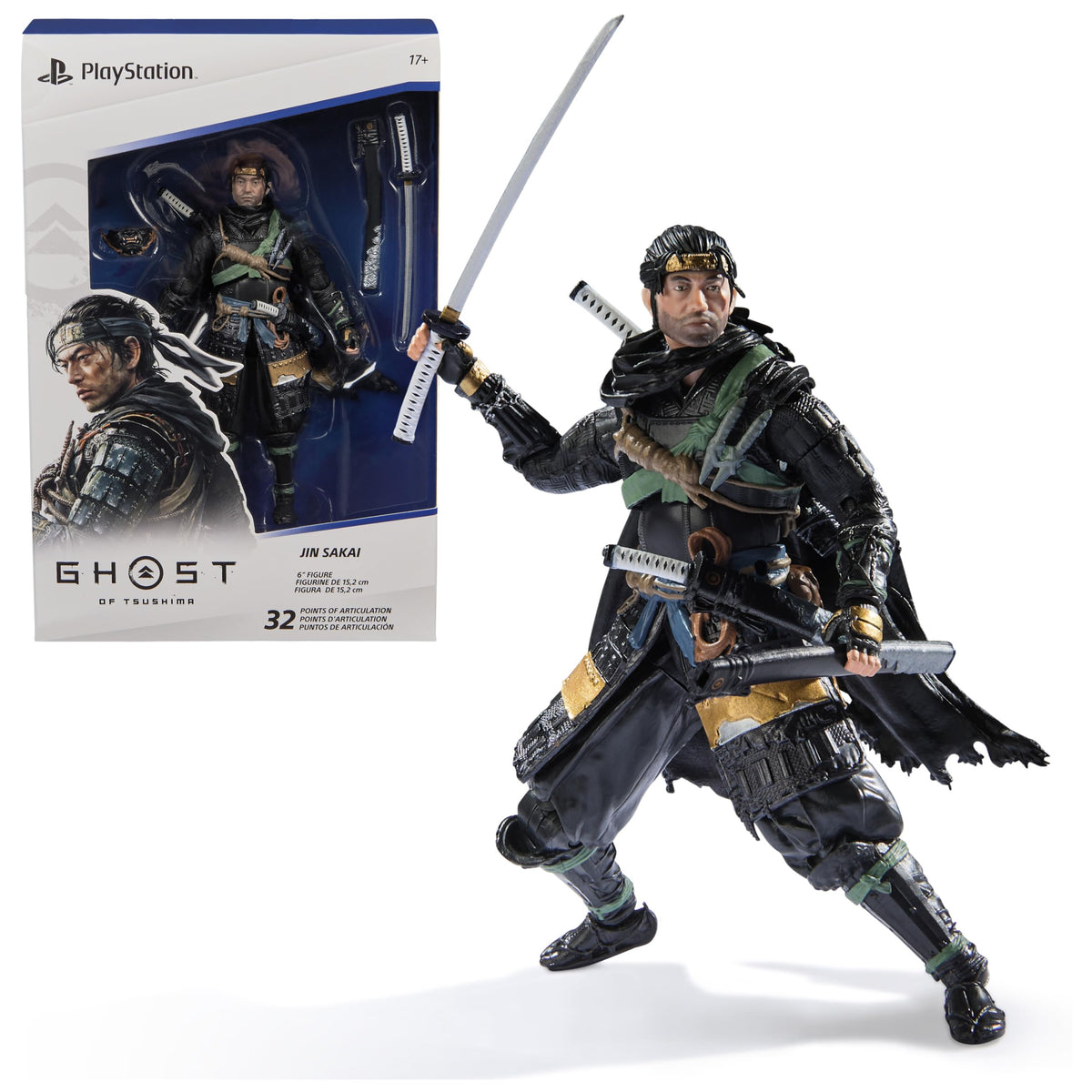 PlayStation Ghost Tsushima Jin Sakai figure with detailed armor for display.