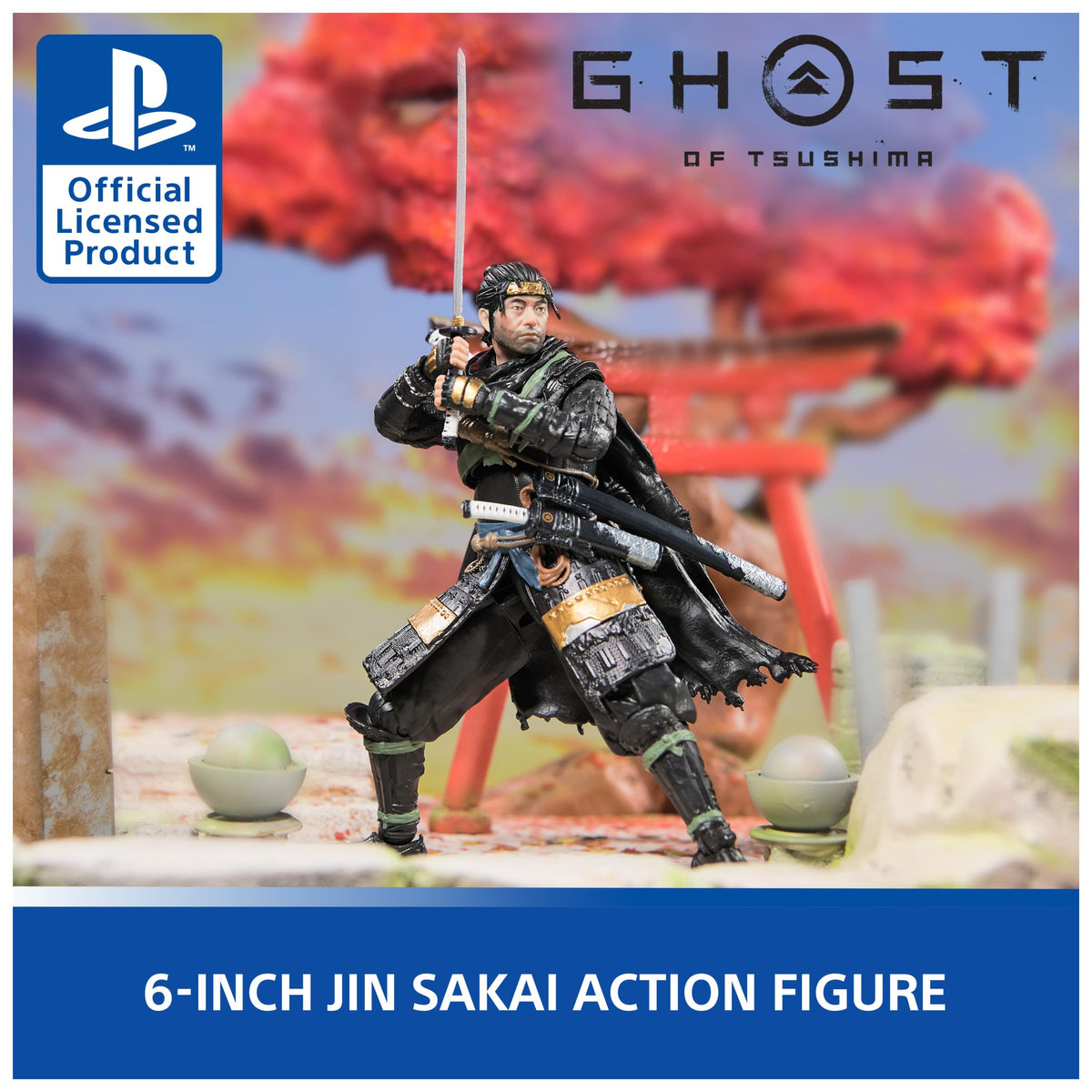 Jin Sakai figure with katana and sheath highlights weapon detail for collectors.