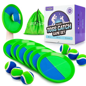 PlayZap Toss and Catch set packaging highlights durable, water-resistant outdoor toy.