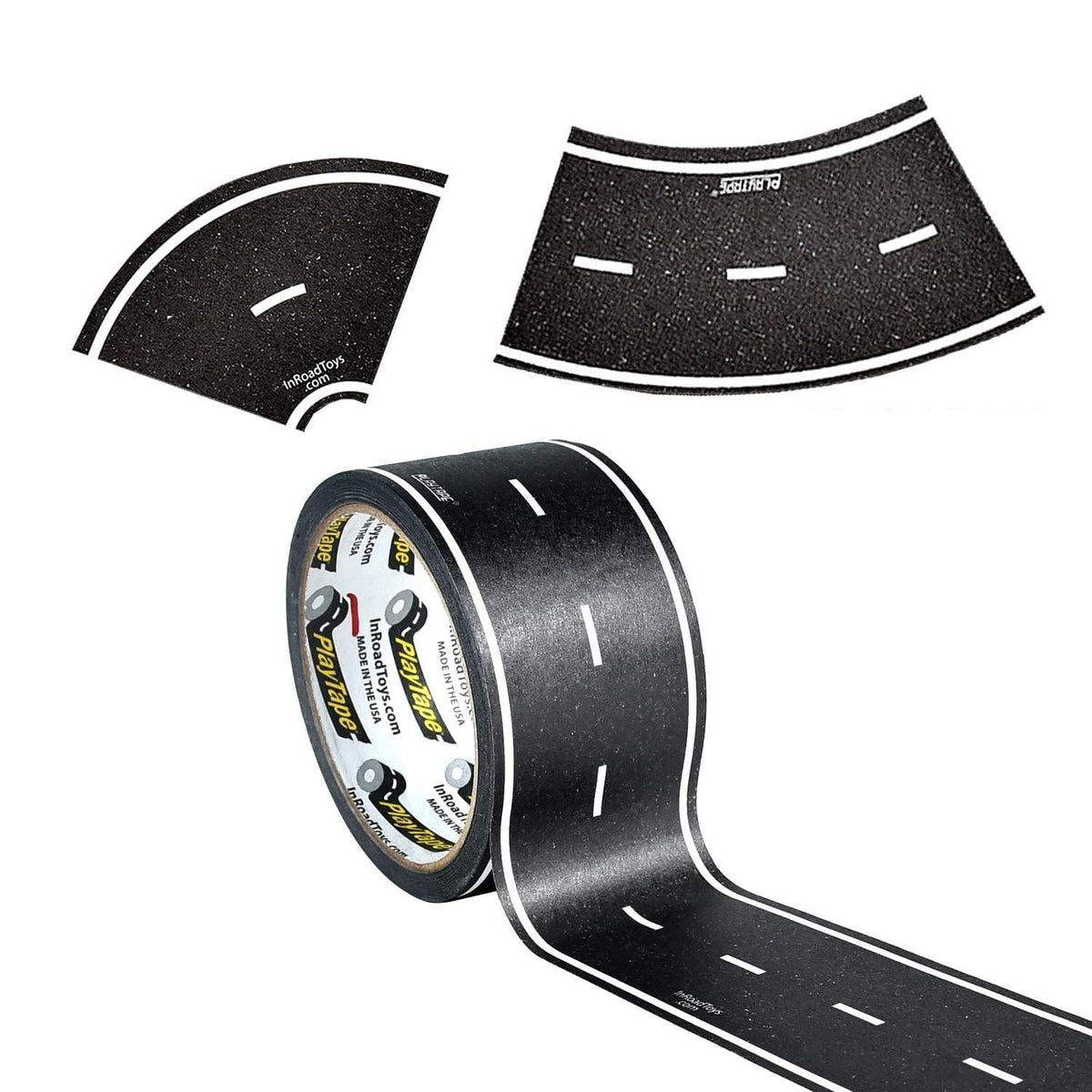 PlayTape road tape laid out on living room floor to create a realistic asphalt road for toy cars.